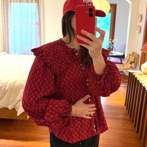 Universal Thread Peasant Sleeve Red Patterned Blouse